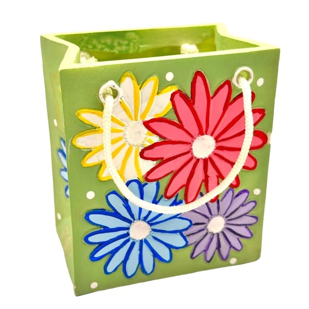 Ceramic Gift Bag Planter Vase Pen Cup Green Multicolor 1980s Floral Pattern 4"